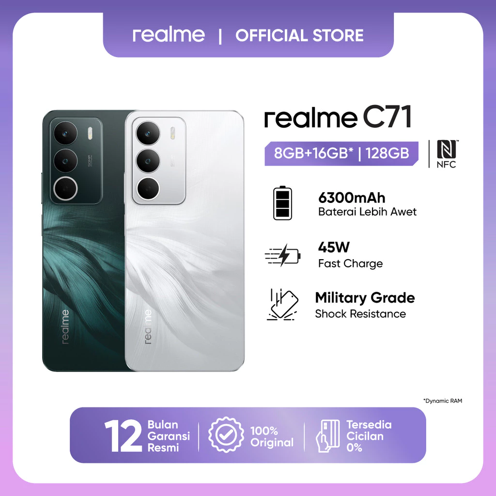 Realme C71 8GB+16GB* |128GB (6300 Baterai | 45W Fast Charge | Military Grade Shock Resistance | NFC) 