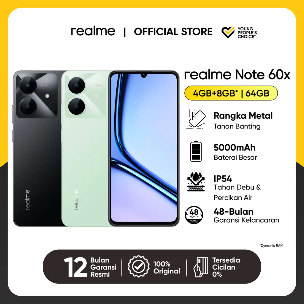 Realme Note 60x 4GB+8GB*|64GB Rangka Metal Tahan Banting | Baterai Besar 5000mAh  