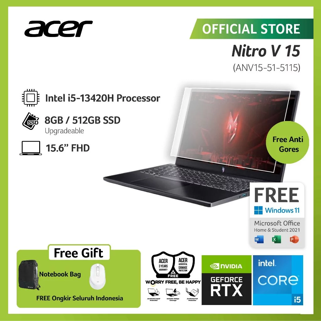 ACER LAPTOP GAMING NITRO V 15 ANV15-51-5115 GRAPHIC NVIDIA GEFORCE RTX 