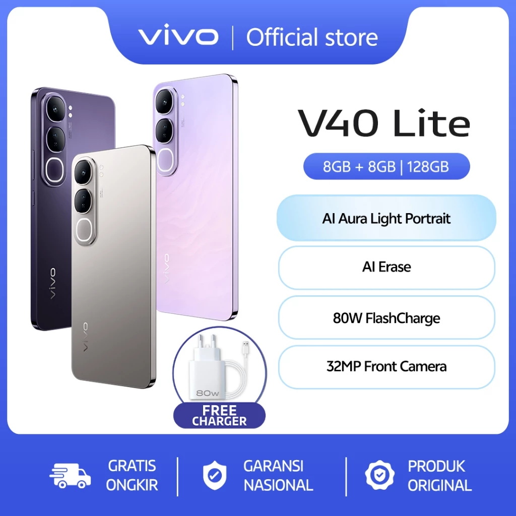 Vivo V40 Lite 4G (8/128) - AI Aura Light Potrait, AI Erase, 80W FlashCharge, 32MP Front Camera 