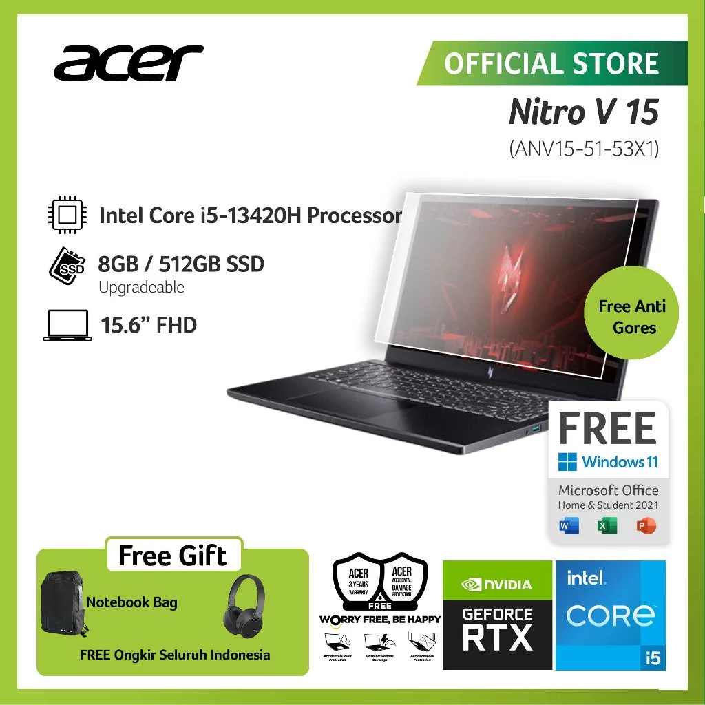 ACER LAPTOP GAMING NITRO V ANV15-51-53X1 GRAPHIC NVIDIA GEFORCE RTX 2050 15.6" FHD 