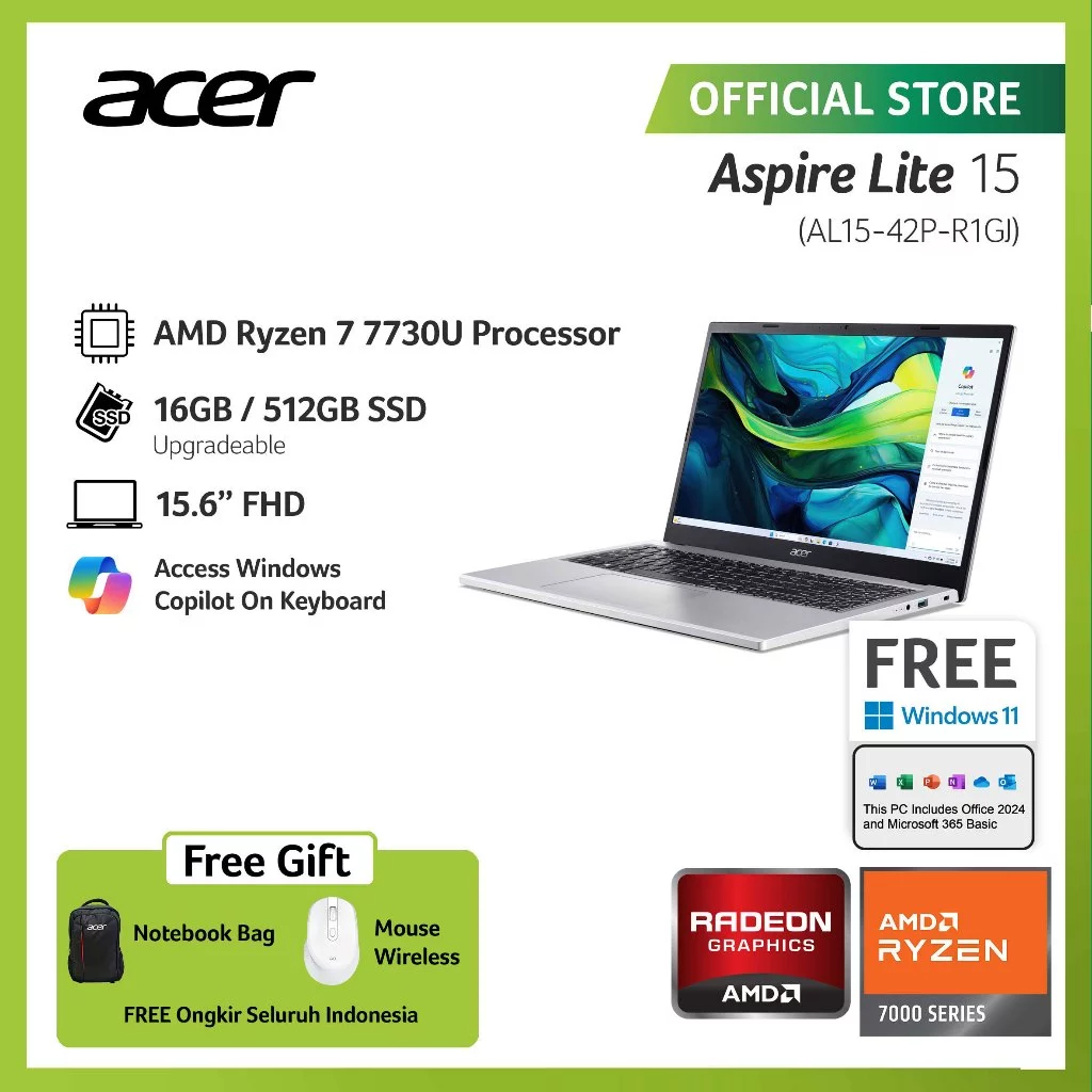 ACER LAPTOP ASPIRE LITE 15 AL15-42P-R1GJ 15.6" FHD AMD RYZEN 7 7730U RAM 16GB 