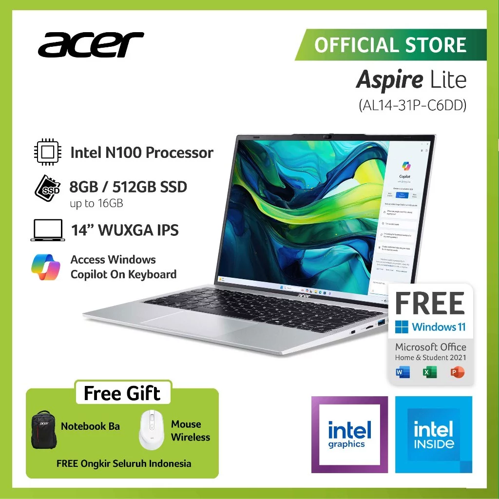 ACER LAPTOP ASPIRE LITE AL14-31P-C0G4/C6DD 14" WUXGA INTEL N100 RAM 8GB STORAGE 512GB SSD 