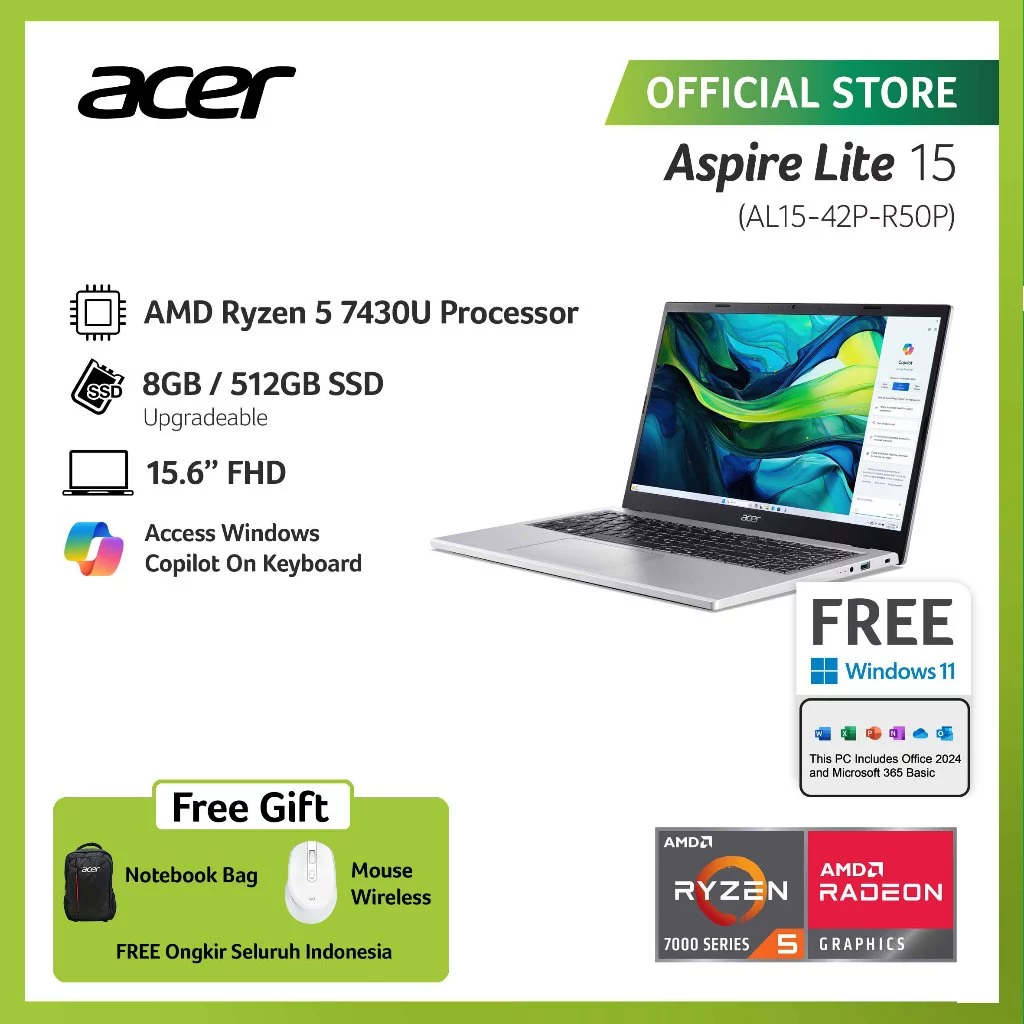 ACER LAPTOP ASPIRE LITE 15 AL15-42P-R50P 15.6" FHD AMD RYZEN 5 7430U RAM 8GB 