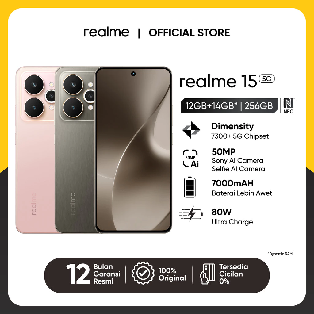 Realme 15 5G 12GB+14GB* | 256GB (Dimensity 7300+ 5G Chipset | 50MP Sony AI Camera | 50MP Selfie AI C 